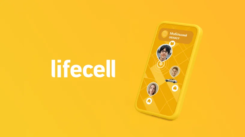 Lifecell Mobile Protection, yellow phone with family member avatars on a city map beside the lifecell logo